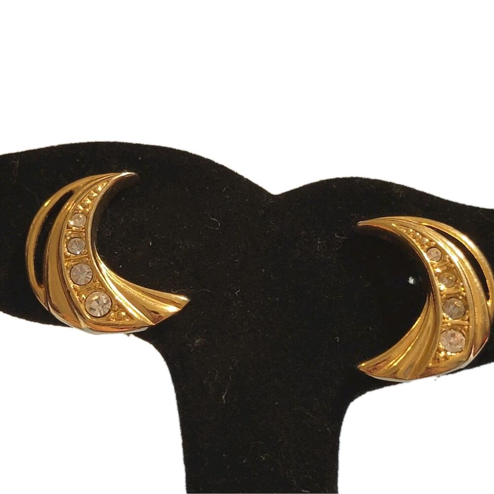 Vintage Crescent Rhinestone Clip-on Earrings White/Clear Gold-tone 7/8" wc-2